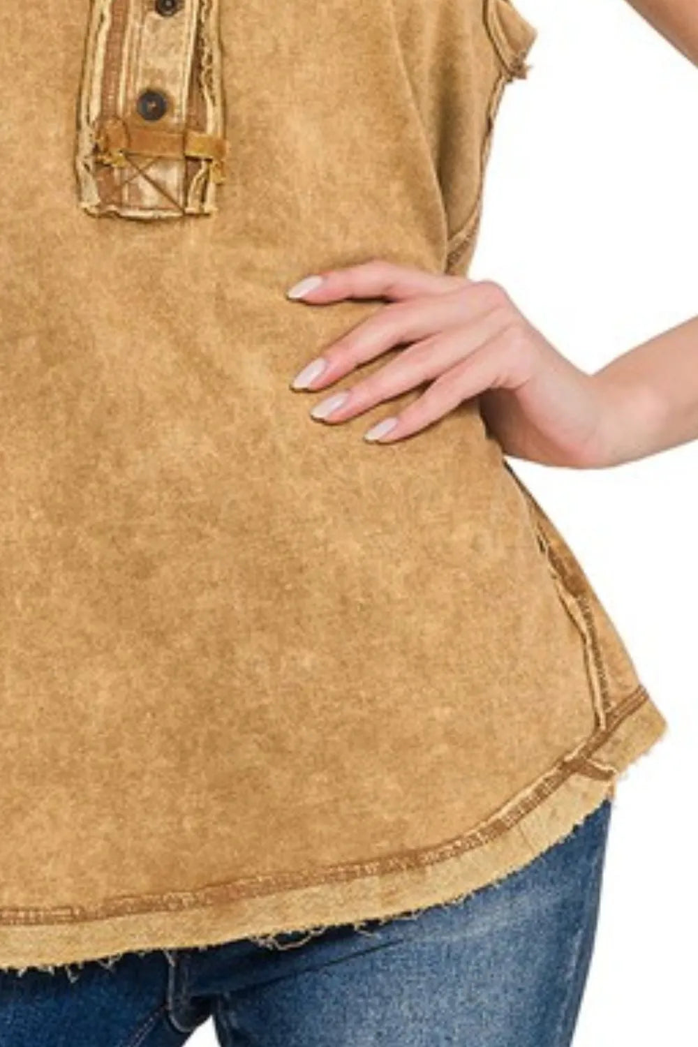 Zenana Dark Camel Washed Half-button Raw Edge Sleeveless Henley Top