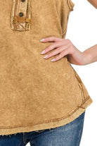 Zenana Dark Camel Washed Half-button Raw Edge Sleeveless Henley Top