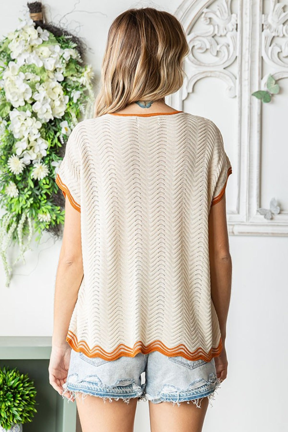 First Love Beige Contrast Wavy Crochet Drop Shoulder Knit Top Trendsi