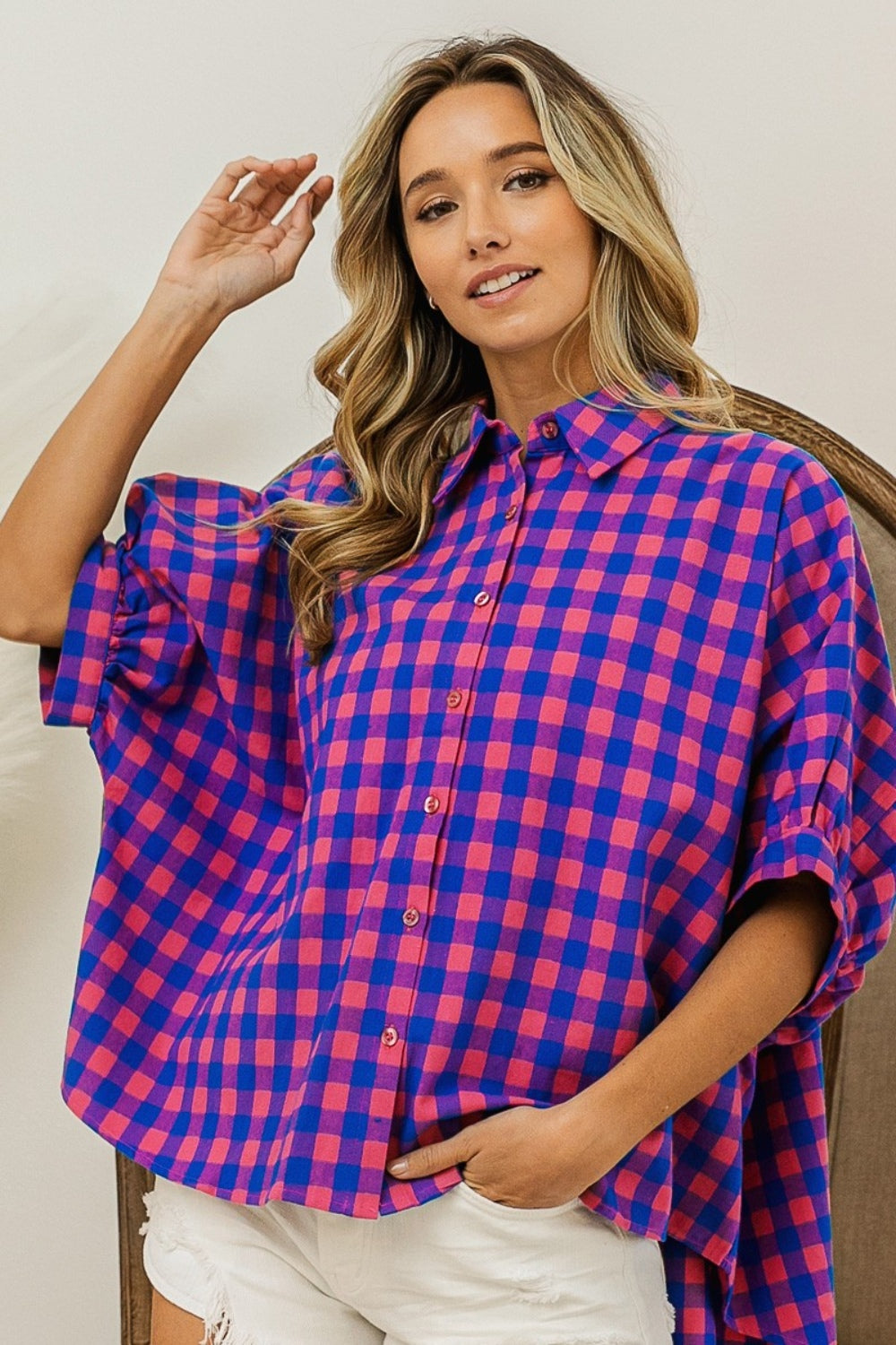 BiBi Navy & Pink Plaid Button Up Dolman Sleeve Shirt Navy Pink Trendsi