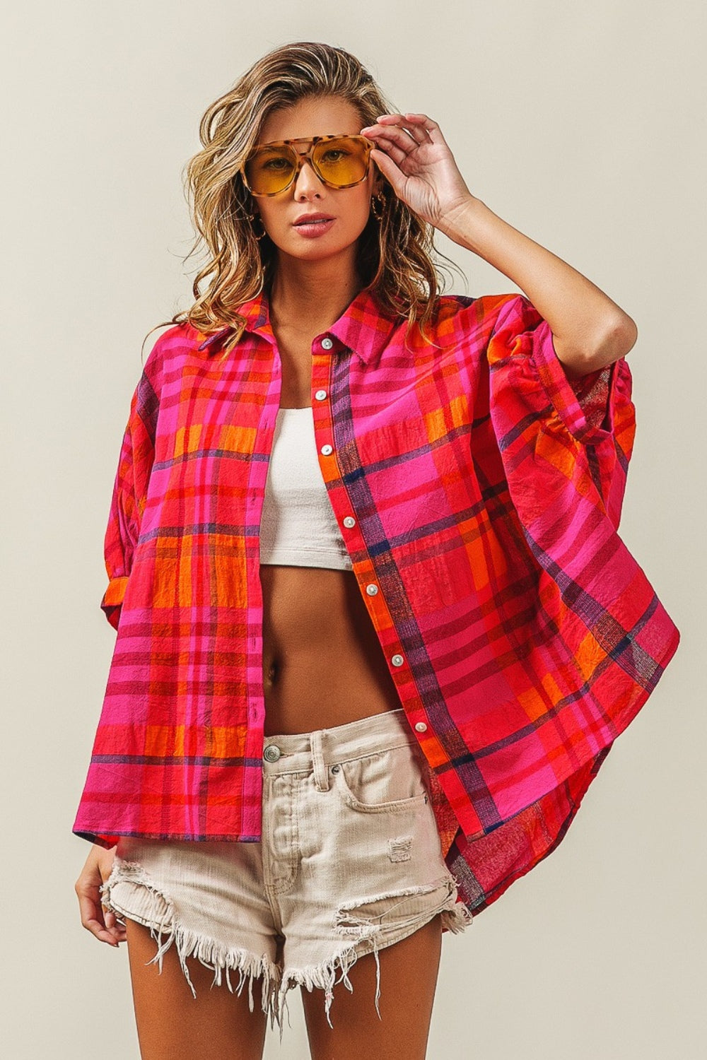 BiBi Fuchsia Button Up Dolman Sleeve Plaid Shirt Fuchsia Multi Trendsi