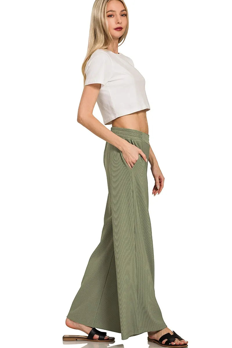Zenana Light Olive Ribbed High Neck Half Zip Pullover & Pants Set