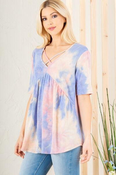 Heimish Crisscross Tie Dye Blue & Pink Babydoll Top