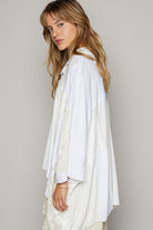 POL White Crochet Patchwork Frayed Edge Half Button Knit Top Shirts & Tops