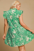 Umgee Green Printed Ruffle Cap Sleeve Babydoll Dress