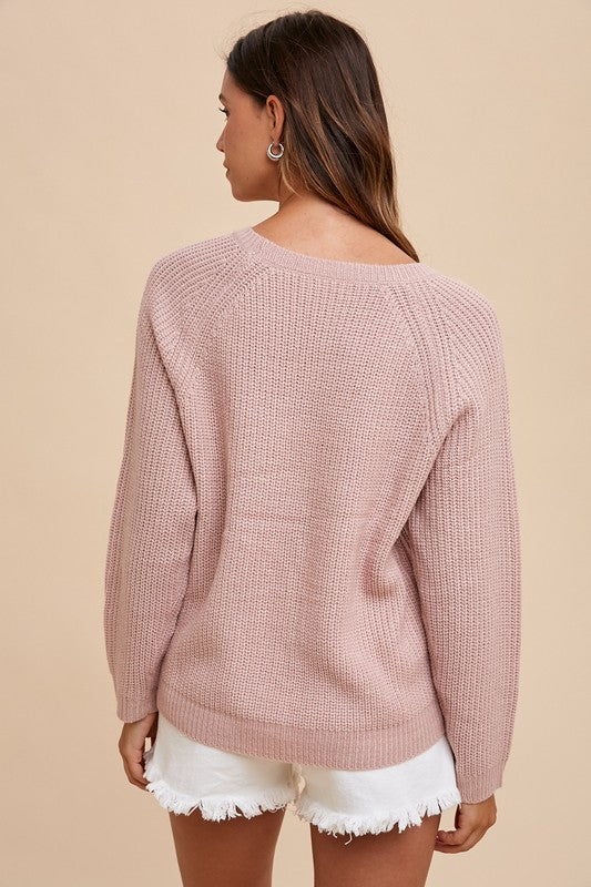 Annie Wear Mauve HELLO Embroidered Raglan Sleeve Sweater