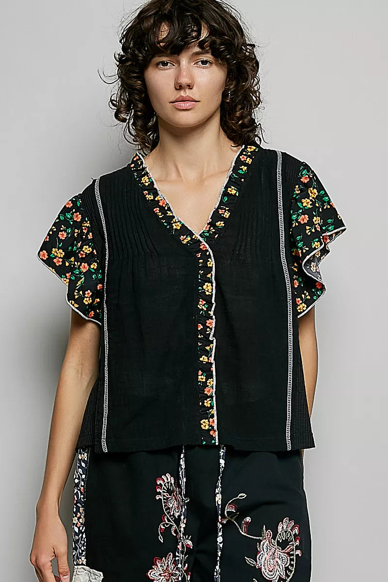 POL Black V-Neck Floral Ruffle Sleeve Blouse BLACK