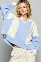 POL Cream Multi Color Block Waffle Knit Raw Hem Sweatshirt