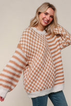 Haptics Taupe & Oatmeal Oversized Checker Stripe Pullover Sweater