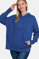 Zenana Half Snap Long Sleeve Hoodie with Kangaroo Pocket Navy