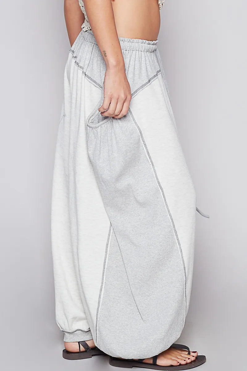 POL Gray Overlock Contrast Stitch Detail Thermal Pants with Drawstring Waist
