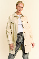 Davi & Dani Beige Faux Leather Button Up Jacket with Chest Pockets BEIGE Coats & Jackets