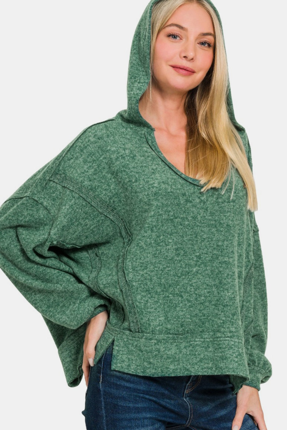 Zenana Dark Green Brushed Hacci Exposed Seam Hoodie