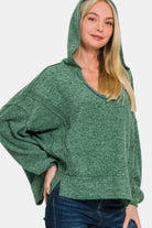 Zenana Dark Green Brushed Hacci Exposed Seam Hoodie DK Green Trendsi