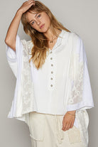 POL White Crochet Patchwork Frayed Edge Half Button Knit Top Shirts & Tops