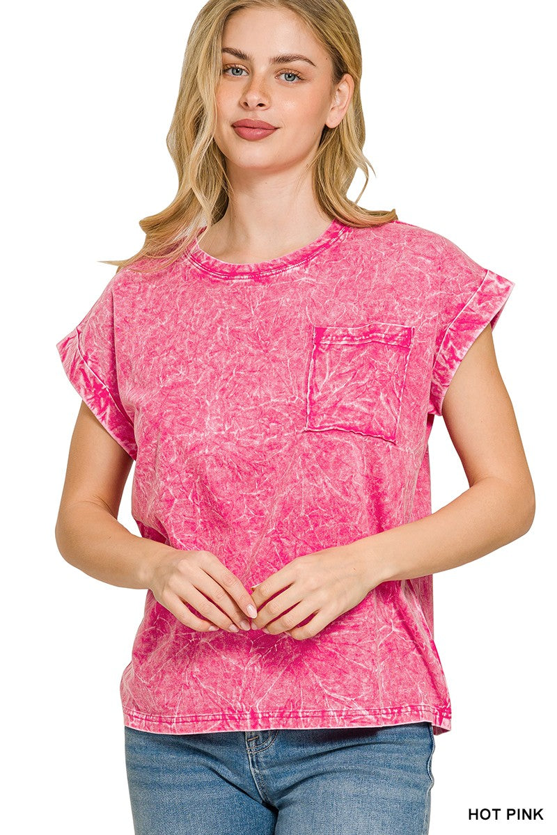 Zenana Hot Pink Crinkle Washed Round Neck Folded Short Sleeve Tee HOT PINK