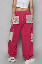 POL Cerise Crochet Overlay Pockets Drawstring Cotton Twill Pants