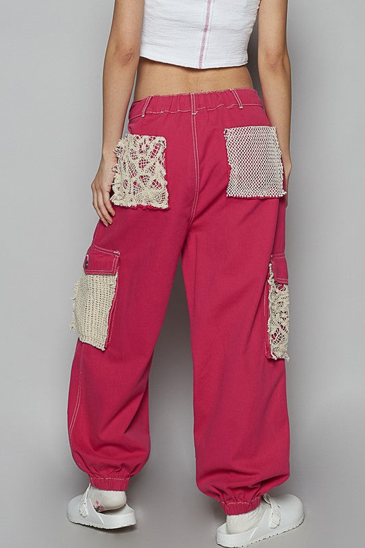 POL Cerise Crochet Overlay Pockets Drawstring Cotton Twill Pants