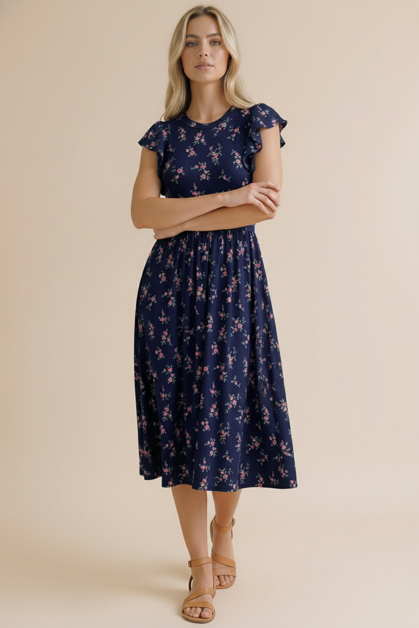 Haptics Navy Floral Flutter Sleeve Buttery Smooth Babydoll Midi Dress