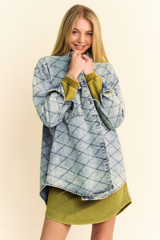 Davi & Dani Light Blue Curved Hem Diamond Quilted Button Up Denim Shacket Trendsi