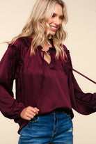 Haptics Holiday Vibes Burgundy Frill Detail Tie Neck Satin Top