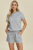 Double Take Textured Short Sleeve Top and Shorts Set Gray Trendsi