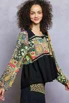 POL Black Balloon Sleeve Peplum Blouse with Trim Detail