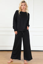 Double Take Quilted Textured Long Sleeve Top and Drawstring Pants Set Black Trendsi