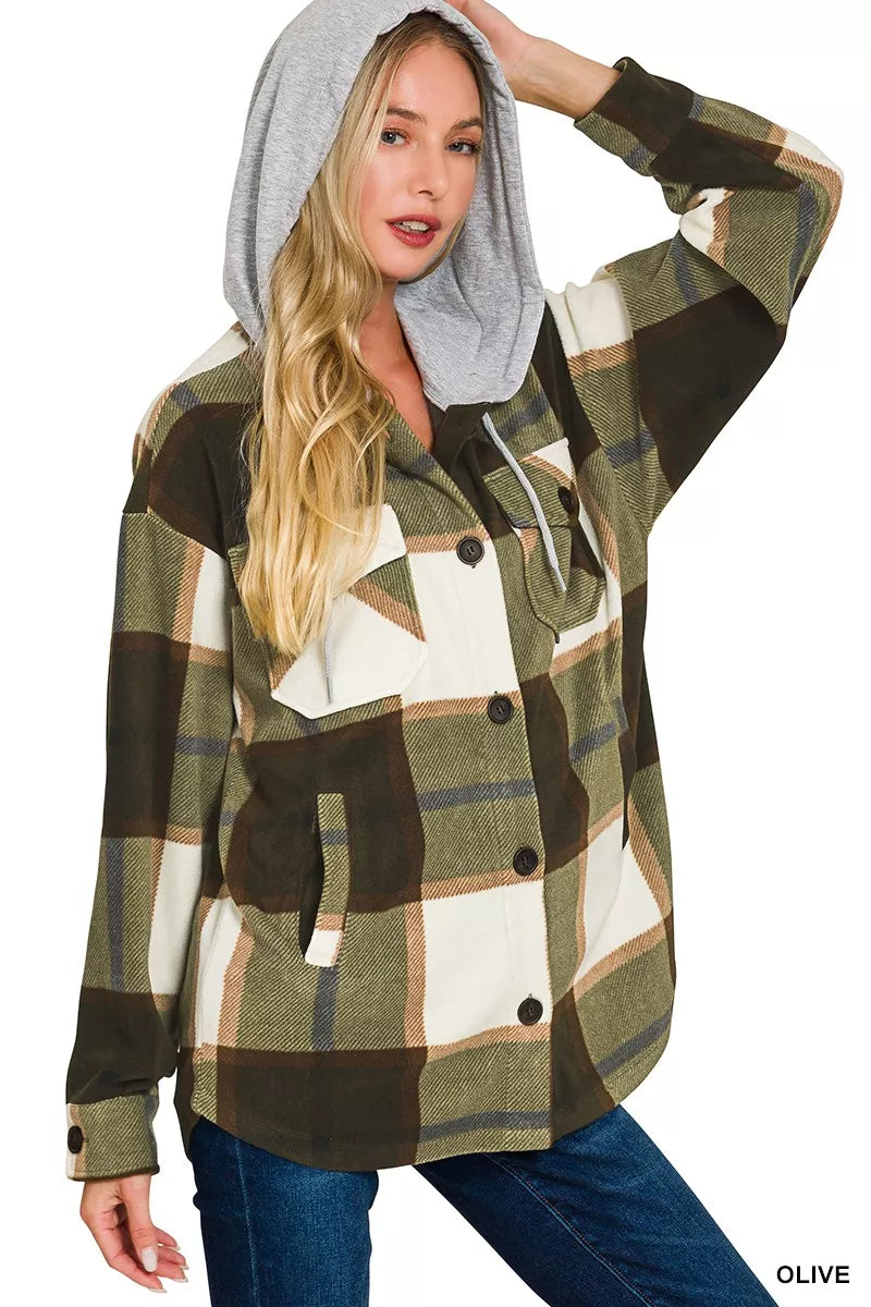Zenana Olive Plaid Drawstring Hooded Fleece Shacket