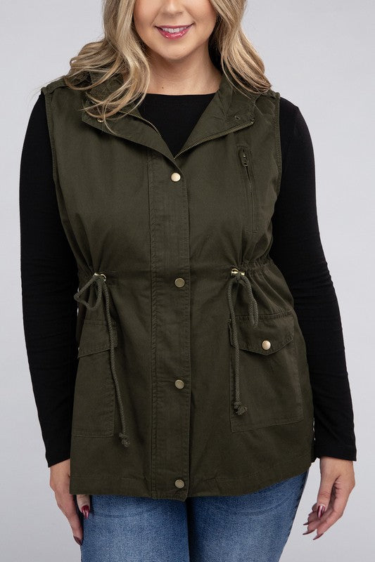 Zenana Plus Drawstring Waist Military Hoodie Vest DK OLIVE ZENANA