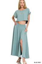 Zenana Blue Gray Heavy Woven Span Crop Tee & Skirt Set