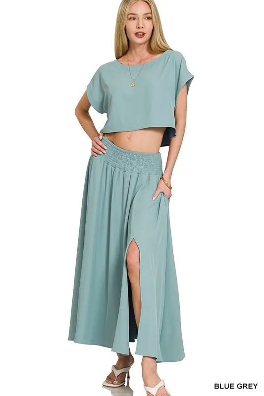 Zenana Blue Gray Heavy Woven Span Crop Tee & Skirt Set