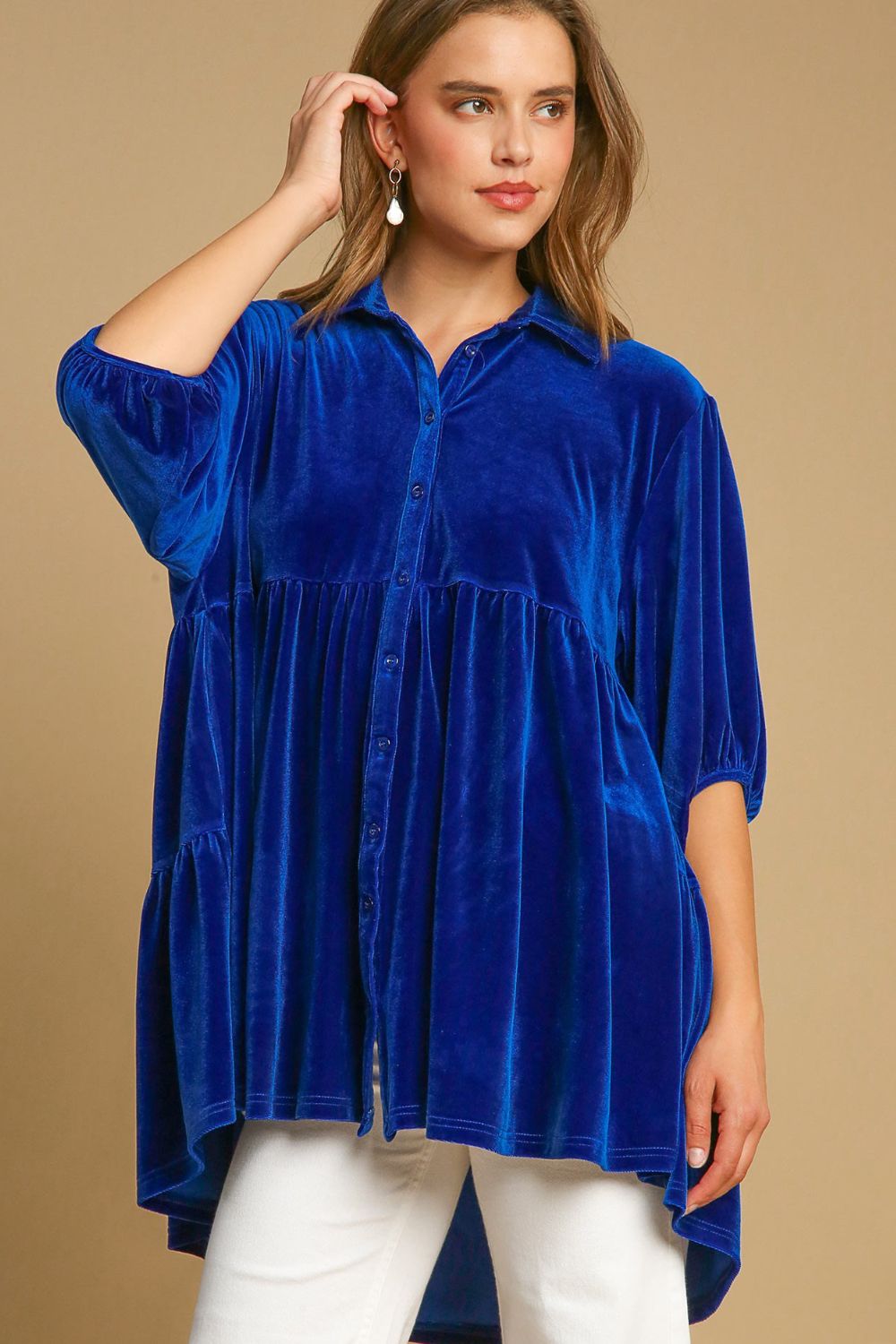 Umgee Sapphire Button Down Tiered Back High Low Blouse Sapphire Shirts & Tops