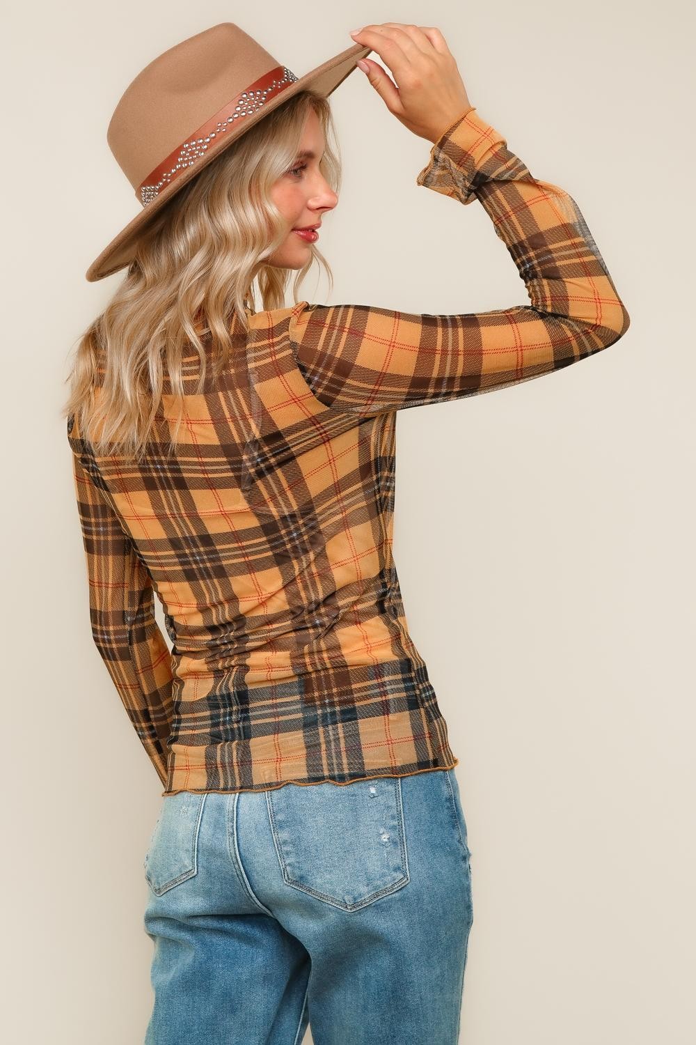Haptics Butterscotch High Neck Plaid Mesh Semi-Sheer Top