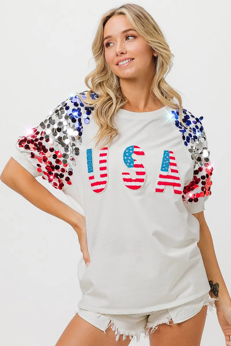 BiBi American Flag USA Theme Sequin Top OFF WHITE