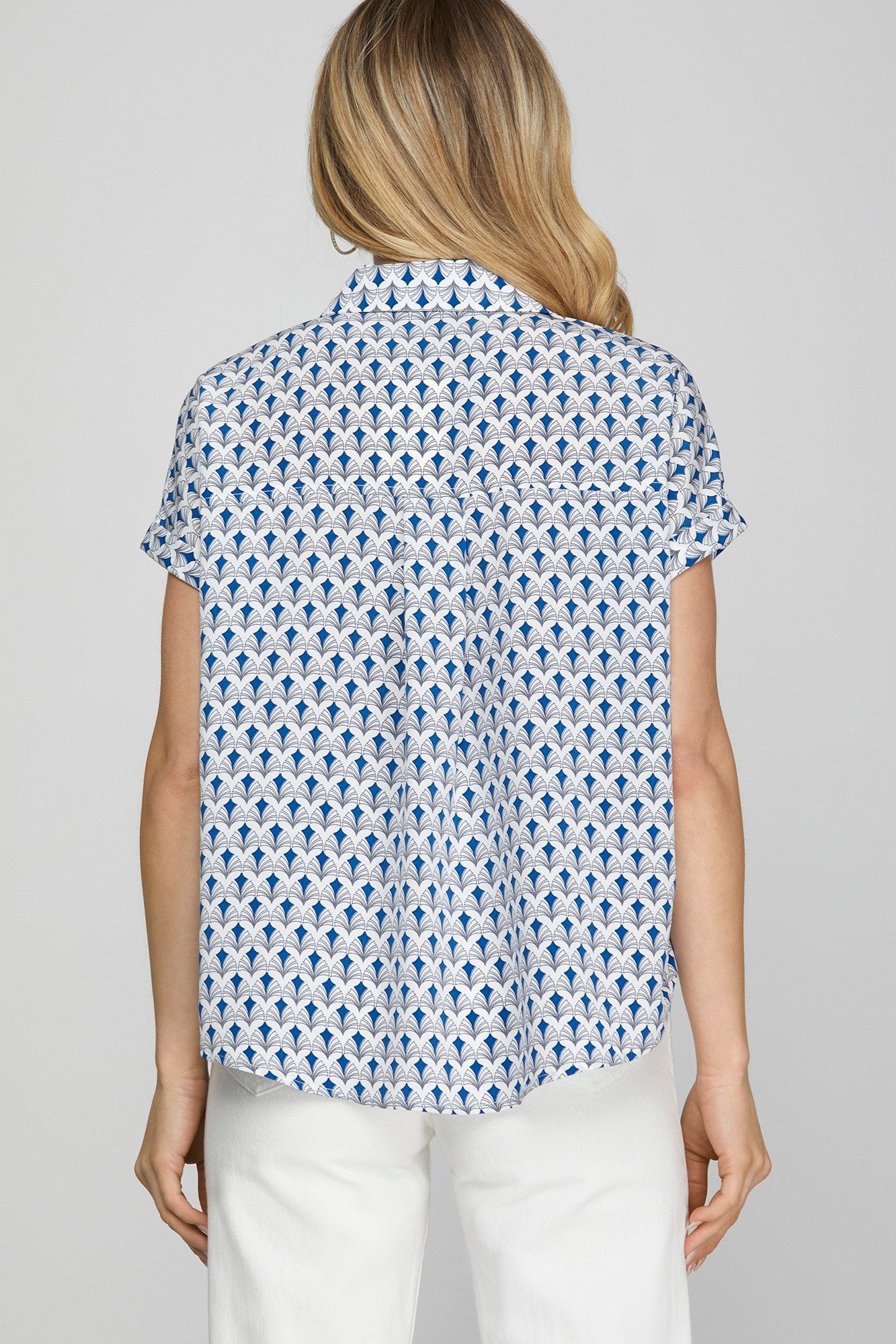 She + Sky Royal Blue Printed Johnny Collar Short Sleeve Blouse