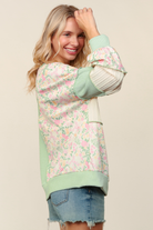 Haptics Mint Round Neck Bubble Long Sleeve Rib Cable Knit Floral Print French Terry Color Block Patchwork Pullover Knit Top