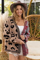 BiBi Taupe & Gray Leopard Color Block Button Down Sweater Cardigan