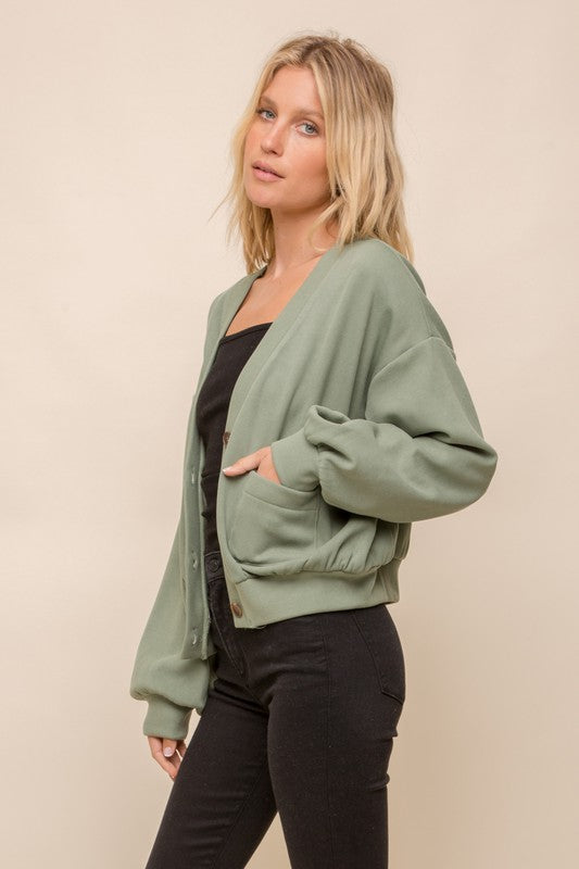 Hem & Thread Green V-Neck Button Down Puff Sleeve Cropped Cardigan Cardigan