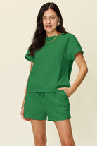 11 Colors- Double Take Quilted Textured Short Sleeve T-Shirt and Drawstring Shorts Set Green Trendsi