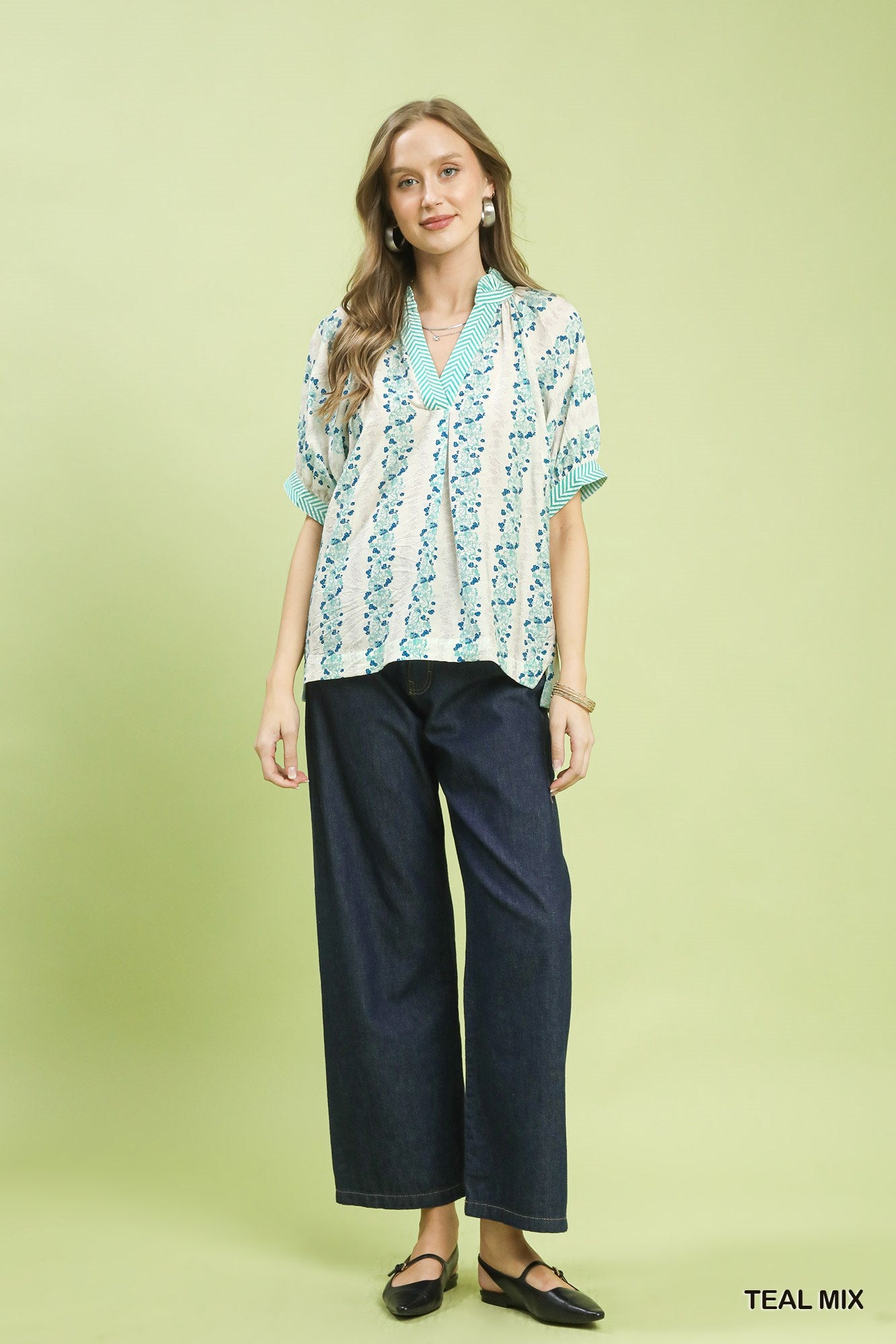 Umgee Teal Mix Print Boho Blouse with Contrast Trim