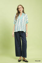 Umgee Teal Mix Print Boho Blouse with Contrast Trim