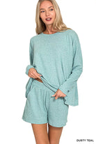 Zenana Dusy Teal Soft Melange Long Sleeve Tee and Shorts Set DUSTY TEAL