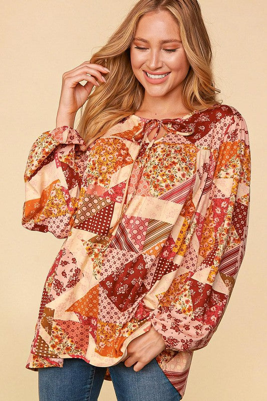 Haptics Rust & Magenta Patchwork Print Front Tie Boho Top Haptics