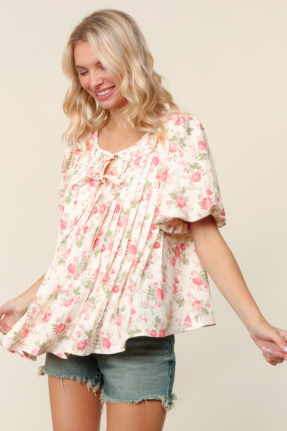 Haptics Pleated Ribbon Floral Bubble Short Sleeve Top