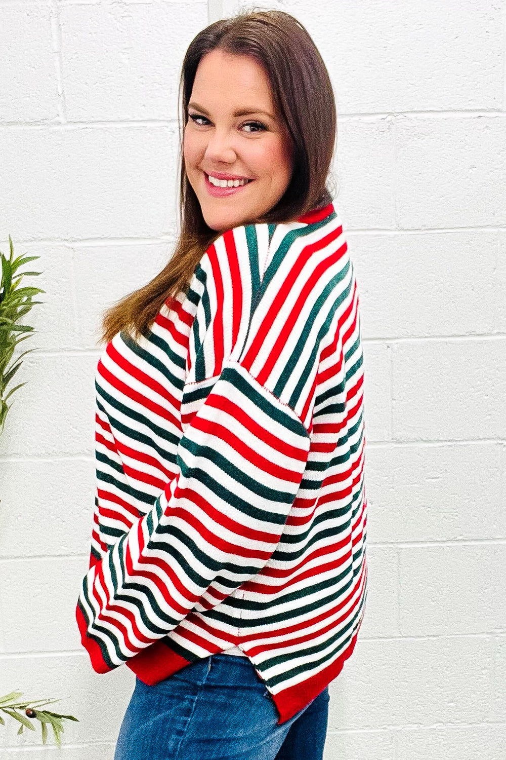 Haptics Red & Hunter Green Striped Contrast Side Slit Knit Top Trendsi