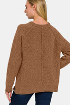 Zenana Chenille Side Slit Raglan Sleeve Sweater in Deep Camel Shirts & Tops