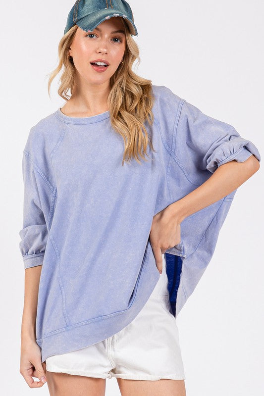 SAGE + FIG Blue Purple Mineral Washed Side Slit Round Neck Sweatshirt