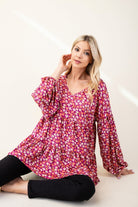 Celeste Magenta Floral V-Neck Balloon Sleeve Blouse