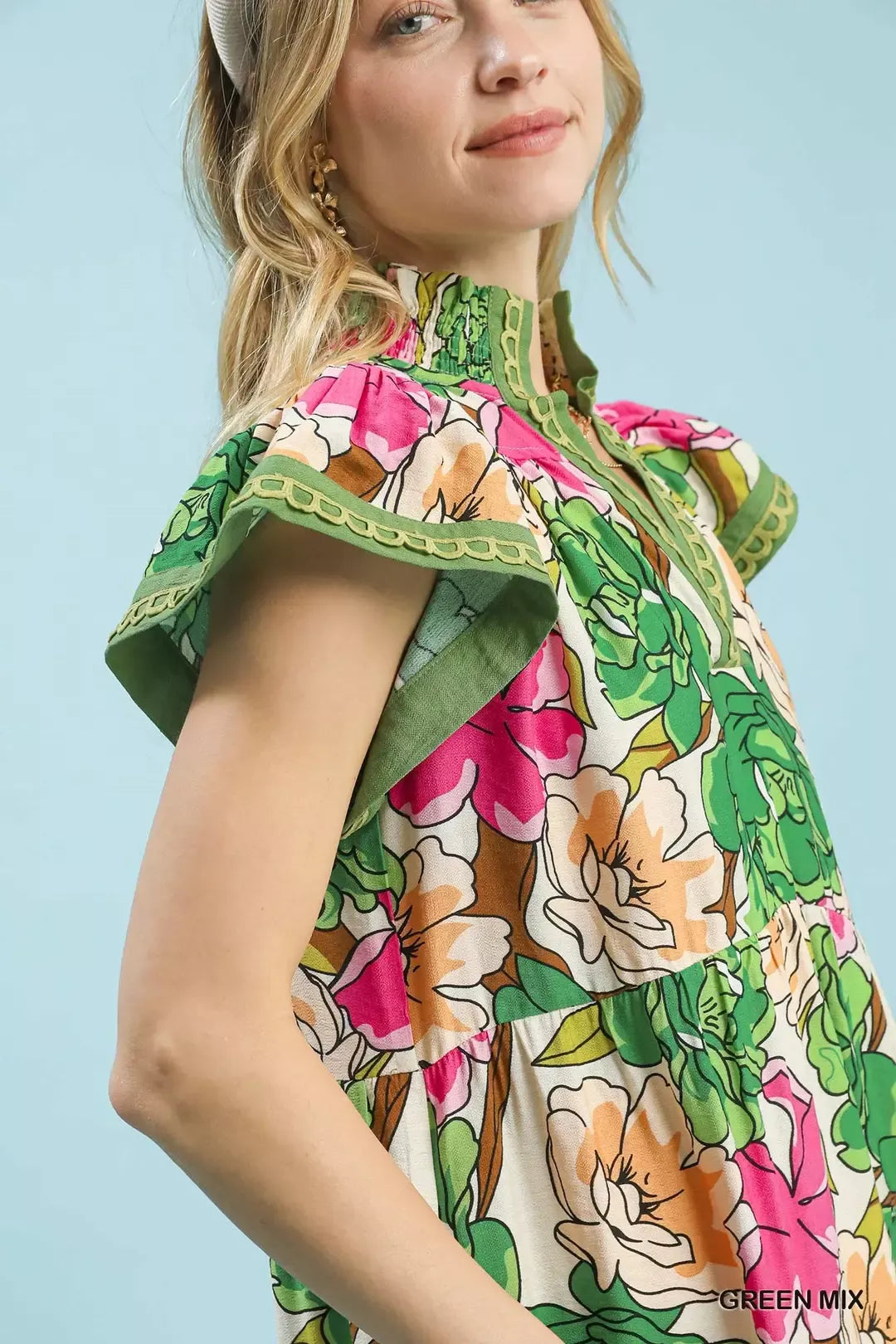 Umgee Green Mix Bold Floral Tiered Midi Dress